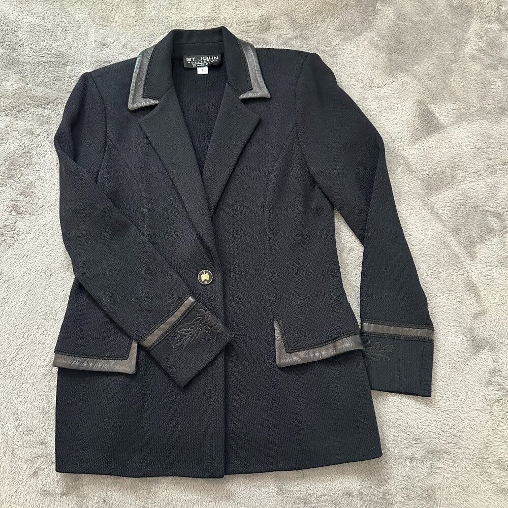 St. John Collection Black Leather Trim Santana Knit Blazer Jacket Size 6